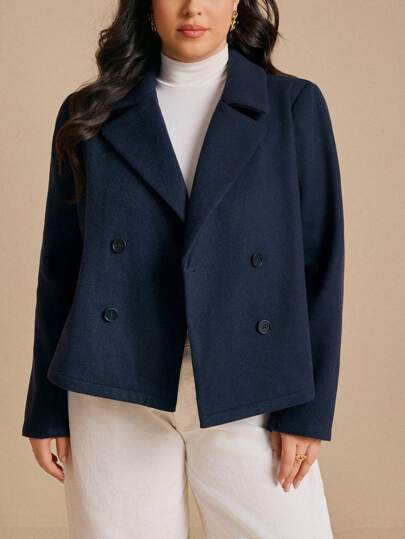 Elaquor Plus Size Women Navy Blue Loose Fit Short Blazer For Winter Fall