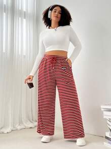 SHEIN EZwear 大码女式夏季休闲宽松高腰直筒裤带口袋，红色条纹针织面料 - 乾枯玫瑰色 - 查看 4