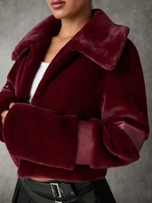 SHEIN BAE Women's Solid Long Sleeve Turndown Collar Casual Loose Fluffy Jacket, Winter Fall Women Jackets Winter Women Coat Winter Women Clothes Fur Coat Red Burgundy Women Fur Coat - Burgundy - View 8