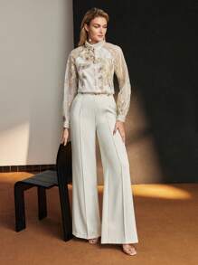 MOTF PREMIUM JACQUARD FLOWER APPLIQUE MOCK NECK FAUX PEARL AND RHINESTONE DETAIL BLOUSE