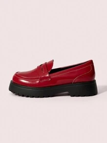 CUCCOO DOLLMOD 纯色圆头简约乐福鞋，休闲日常万圣节秋季勃艮第乐福鞋 - 酒紅色 - 查看 1