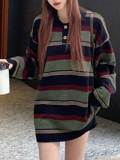 DAZY 条纹落肩 Polo 领毛衣、长袖上衣秋季