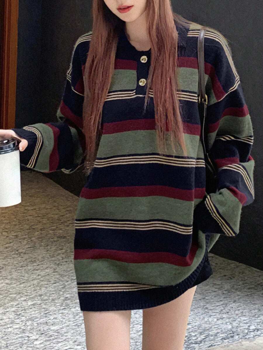 DAZY 条纹落肩 Polo 领毛衣、长袖上衣秋季 - 彩色 - 查看 1