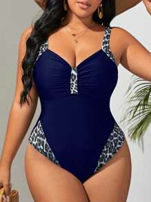 SHEIN Swim Curve Plus Leopard Print Ruched Bust One Piece Swimsuit,Summer Beach - Navy Blue - View 3