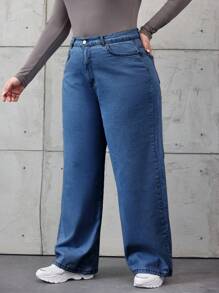 SHEIN Cottnline Women's Solid Color Simple Style Plus Size Jeans - Medium Wash - View 4