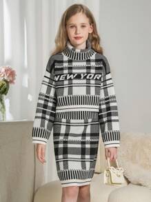 Tween Girl 秋冬短款针织毛衣和裙子两件套。采用黑白格子面料制成，呈现活泼可爱的外观。独特的针织工艺展现都市魅力。展现女孩偶像的时尚潮流气息。黑白 Y2K 街头服饰图案。柔软温暖，适合秋冬季节的女孩。舒适适合居家、外出、上学、日常穿着和各种派对场合，展现女孩偶像造型。超级百搭且物有所值。 - 黑與白 - 查看 6