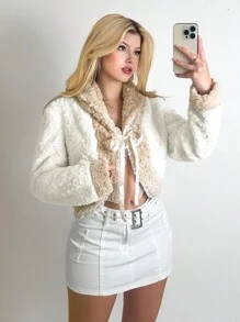 SHEIN Unity Damen Winter Flauschige & Spitze-Saum Kurze Jacke - Verschiedenfarbig - Übersicht 1