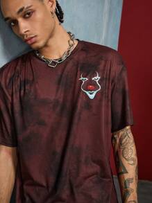 IT x SHEIN Men's Casual Dark Style Cartoon & Letter Print Tie-Dye Loose Short Sleeve T-Shirt, Summer - Burgundy - View 4