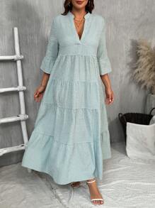 SHEIN LUNE Đầm suông rộng rãi, thường ngày, cổ chữ V, tay áo 3/4, họa tiết kẻ caro cỡ lớn cho nữ mùa hè - Màu xanh Bạc hà - Xem 6