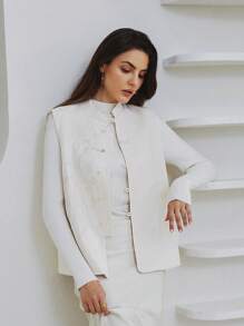 SHEIN Privé 女士优雅无袖刺绣纽扣休闲夹克 - 米色 - 查看 5