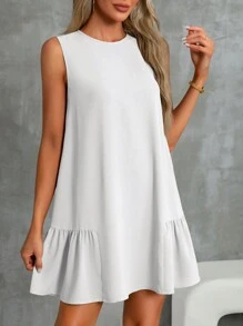 SHEIN Essnce 波西米亚风连衣裙淡蓝色连衣裙亚麻女式条纹圆领无袖休闲迷你连衣裙 - 白色 - 查看 1