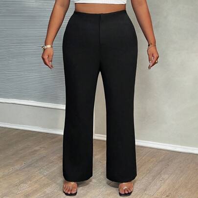 Plus size 여성 기본 캐주얼 블랙 웨이스트밴드 하이웨스트 플레어 레그 포켓 롱 팬츠, 가을