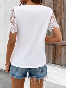 SHEIN LUNE Women Summer V-Neck Hollow Out Lace Insertion Sleeve Casual T-Shirt