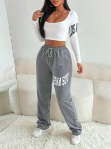 VaVaBold Bộ 2 món/Bộ áo crop top tay dài cổ vuông in chữ mùa xuân và mùa hè kèm quần buộc eo cho nữ - Nhiều màu - Xem 5