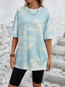SHEIN LUNE 女式超大圆领落肩基本款扎染 T 恤 - 藍色 - 查看 5