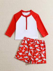 2 piezas Conjunto de traje de baño para niño bebé con parte superior de manga raglán de color contrastante y bóxer de natación con estampado de dinosaurio de dibujos animados para vacaciones de playa de verano - Multicolor - Ver 6
