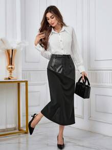 Modelyn Women's Solid Color Front Button Simple A-Line Skirt, Casual Daily Wear - Black - View 5