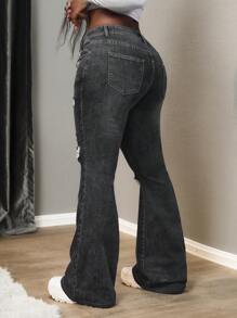 Slaydiva Jeans de tiro alto con piernas acampanadas y desgastados con cierre de hebilla para mujeres - Gris Oscuro - Ver 2