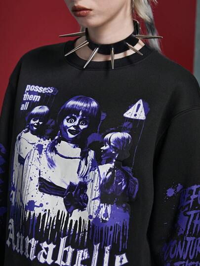 ANNABELLE x SHEIN Fall And Winter Halloween Horror Pattern Black Loose Velvet Sweatshirt