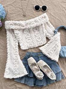 Soleia 1 件女式度假白色心形图案双面羊毛露肩喇叭袖短款上衣，秋季 - 白色 - 查看 2