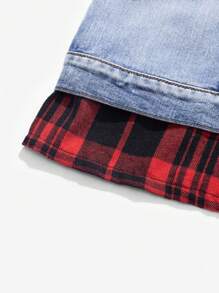 SHEIN Tween Boys Distressed Plaid Patchwork Denim Blue Jacket,For Back To School Clothes And Fall Clothes - Multicolor - View 3