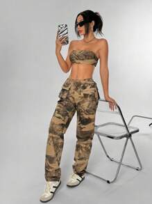 SHEIN X  Ignacia Antonia SHEIN Unity 2 件套女士夏季时尚迷彩印花短款抹胸和工装裤套装 - 彩色 - 查看 4