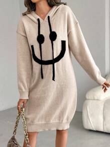 SHEIN LUNE 女士休闲笑脸图案抽绳连帽宽松针织毛衣连衣裙，秋冬 - 卡其色 - 查看 5