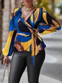 Chiquease V 领长袖全印花休闲衬衫 (随机印花) 荷叶边上衣