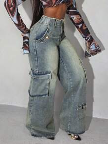 Slaydiva 前扣多口袋破洞下摆休闲牛仔裤