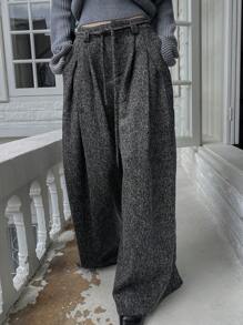 Livesso 宽松商务休闲阔腿裤，带口袋和腰带，女士秋冬款 - 黑色 - 查看 8