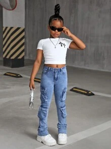 SHEIN Tween Girls Tween Girls Y2K Stonewashed Denim Cargo High Waisted Flared Pants With Pleats And Flap Pocket Stacked Jeans,Tween Girl Back To School Fall Clothes Outfits - Blue - View 5