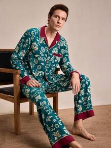 SHEIN EverLounge Ensemble de pyjama avec chemise à manches longues et pantalon, col à revers, imprimé floral, à simple boutonnage, pour homme