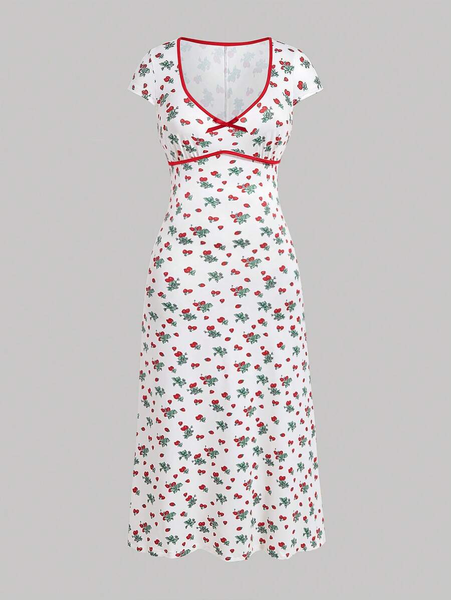 Sweetra 大码女式樱花印花甜心领短袖连衣裙，春秋季长款女装，适合夏季 - 彩色 - 查看 1