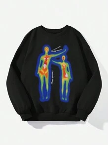 SHEIN EZwear Casual Simple Thermal Graphic Print Round Neck Loose Fit Thick Sweatshirts For Women, Fall/Winter , Black Sweatshirt,Long Sleeve Tops