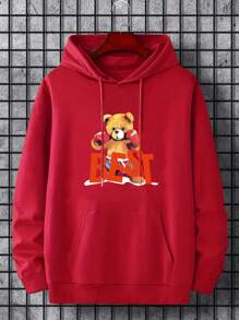 Manfinity EMRG Men Bear Print Kangaroo Pocket Drawstring Hoodie