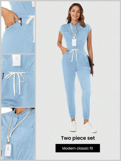 TaskEZ 女士手术服护士 SHEIN TaskFit 女士护士制服手术服卫生工作者制服磨砂印花连体衣，带肩袖、4 个口袋和腰部抽绳