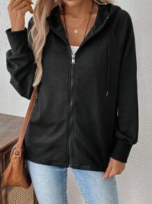 SHEIN LUNE جاكيت كاجوال ذات نسيج مميز مع كابور ذو أكمام راجلان وسحاب للنساء في الربيع والخريف - الأسود - مشاهدة 4