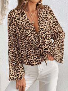 SHEIN VCAY Women's Regular Fit Leopard Print Long Sleeve Vacation Shirt - Multicolor - View 3