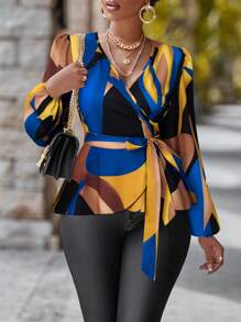 Chiquease V 领长袖全印花休闲衬衫 (随机印花) 荷叶边上衣