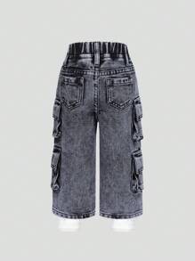 Pantalones vaqueros cargo de pierna ancha con cintura elástica, lavado desgastado y bolsillos múltiples, un esencial de moda para todo el año, estilo de calle moderno para niña bebé - Gris - Ver 2