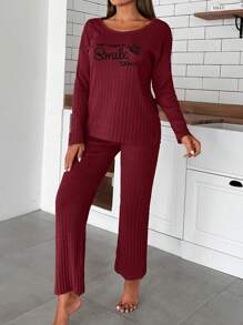 EURMUSE 100% Cotton Women's Spring & Summer Letter Print Drop Shoulder Top And Pants Loungewear Set - Burgundy - View 1