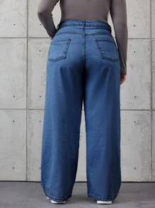 SHEIN Cottnline Women's Solid Color Simple Style Plus Size Jeans - Medium Wash - View 2