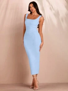 SHEIN BAE Women Solid Color Ruched Collar Backless Tie Slit Bodycon Mini  Dress,Pastel Dresses For Women - Baby Blue - View 6