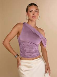 SHEIN BAE Women's Solid Color Asymmetrical Neck Ruched Fitted Blouse, Summer - Dusty Pink - View 3