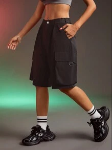 SHEIN Sports Women's Solid Color Pleated Cargo Pocket Relaxed Sporty Shorts - Black - View 3