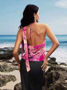 Opulessa Top ajustado de tirantes estampado tejido para mujeres, sexy, para fiesta - Rosa Fucsia - Ver 2