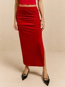 Poéselle Women's Red Velvet High Waisted Pleated High Slit Long Skirt, Party Ladies Skirt, Velvet Long Skirt, Party Skirt, Halloween Skirt, Easy Chic Essentials, Basic Bottom Long Skirt, Autumn Skirt, Winter Skirt, Autumn Women's Clothing, Bridgerton