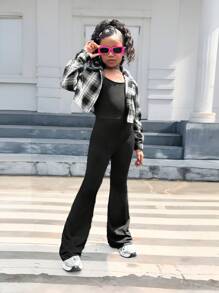 SHEIN Tween 女童休闲针织连体裤和格子纽扣衬衫 2 件套，母女配套服装（2 套单独出售） - 黑與白 - 查看 8