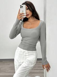 Chiquease 女士修身圆领保暖优雅毛衣，针织套头衫，秋冬款 - 深灰色 - 查看 4