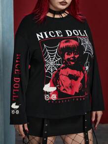 ANNABELLE x SHEIN 大码女式哥特式休闲落肩圆领蜘蛛网恐怖印花黑色长袖 T 恤，秋季，万圣节 - 黑色 - 查看 3